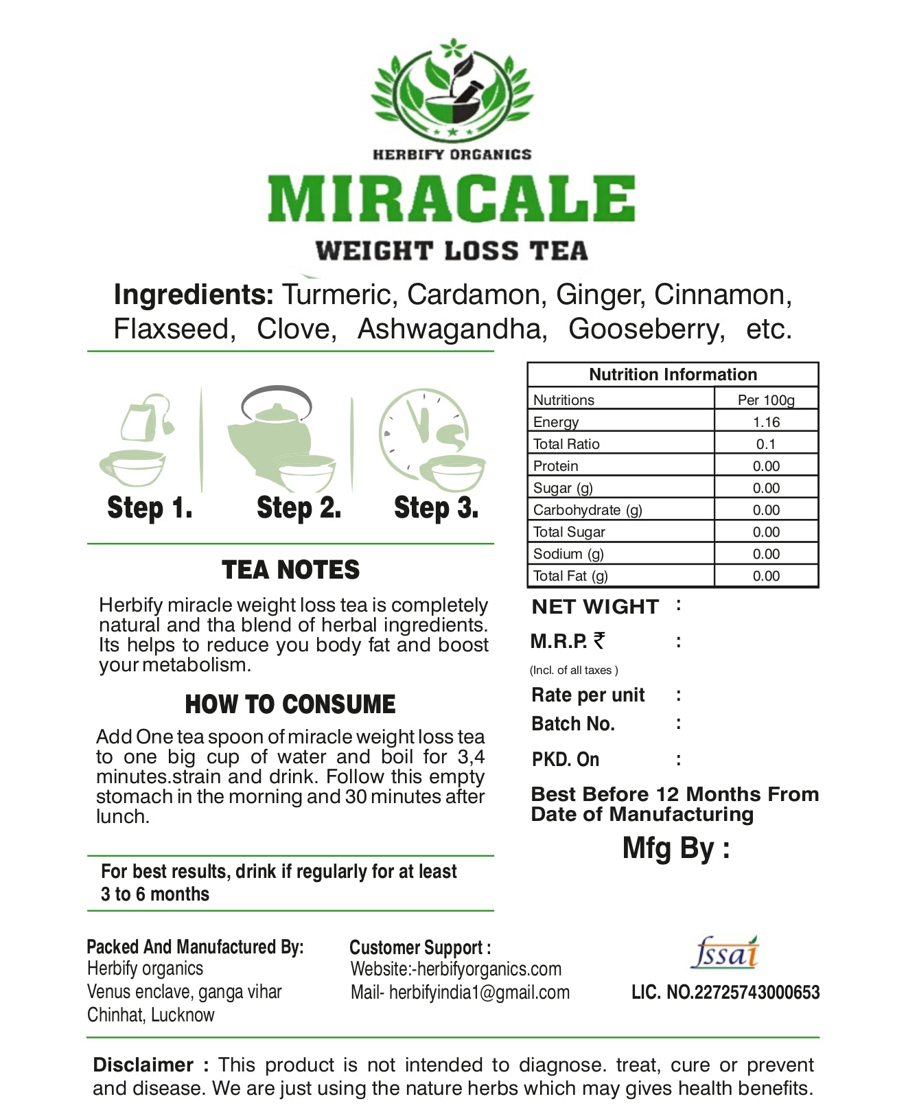 Herbify Organics Miracle Weight Loss Tea – Natural Fat Burner & Digestive Detox Blend